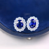 Blue Sapphire Diamond Halo Stud Earrings 18K White Gold