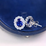 Blue Sapphire Diamond Halo Stud Earrings 18K White Gold
