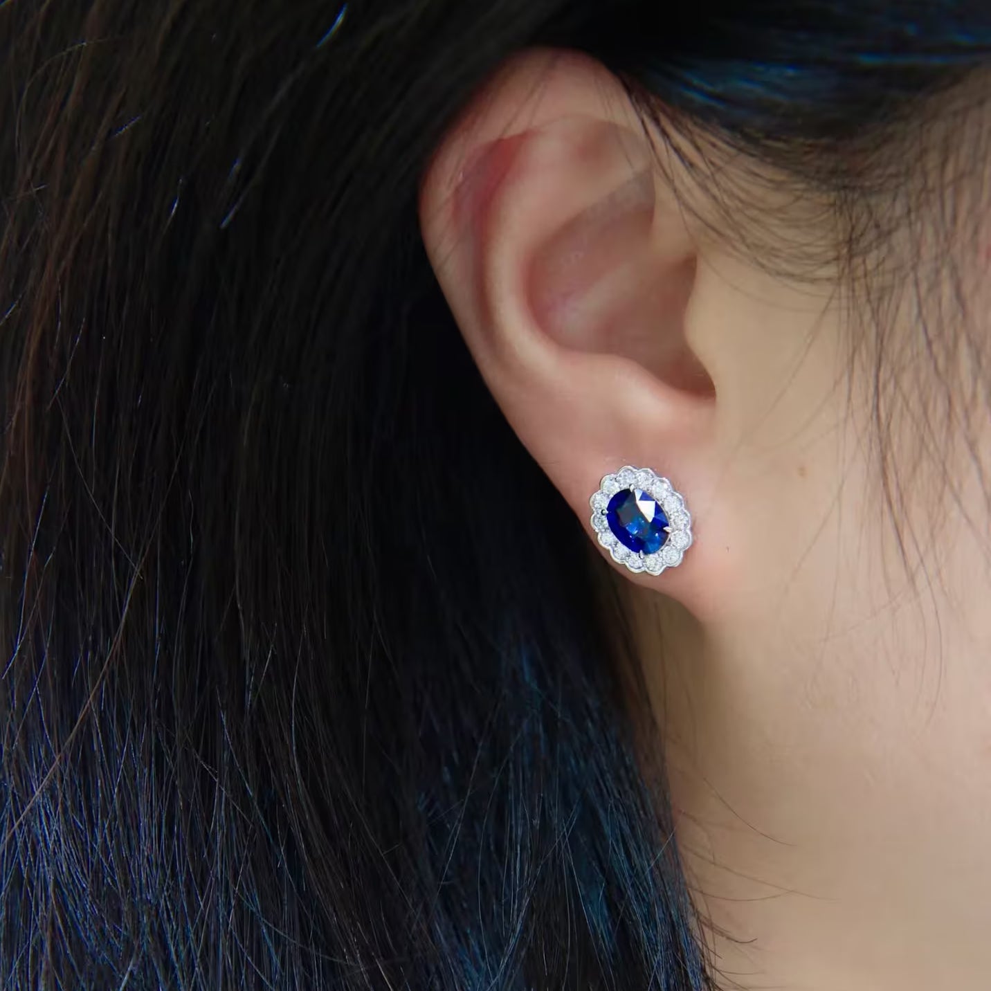 Blue Sapphire Diamond Halo Stud Earrings 18K White Gold