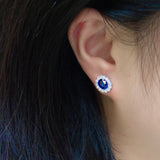 Blue Sapphire Diamond Halo Stud Earrings 18K White Gold